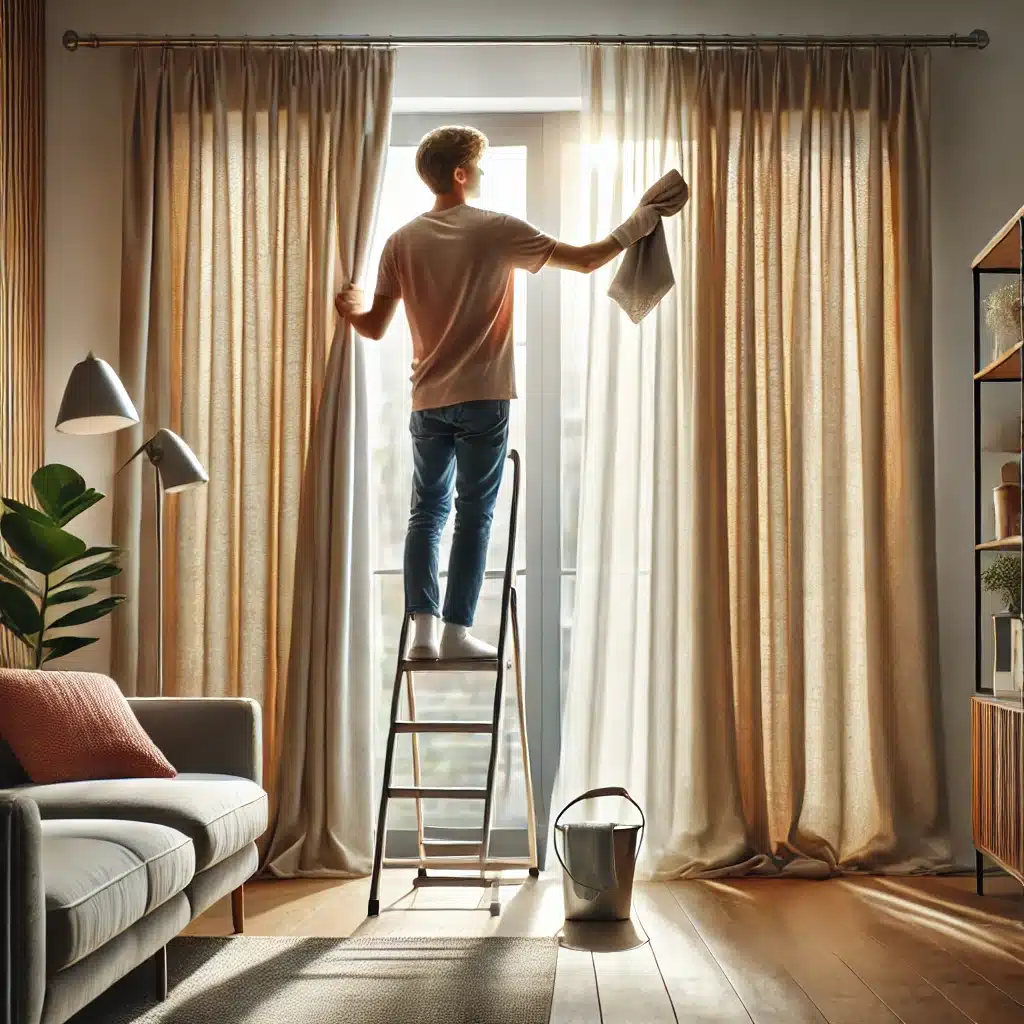 clean curtains while hanging