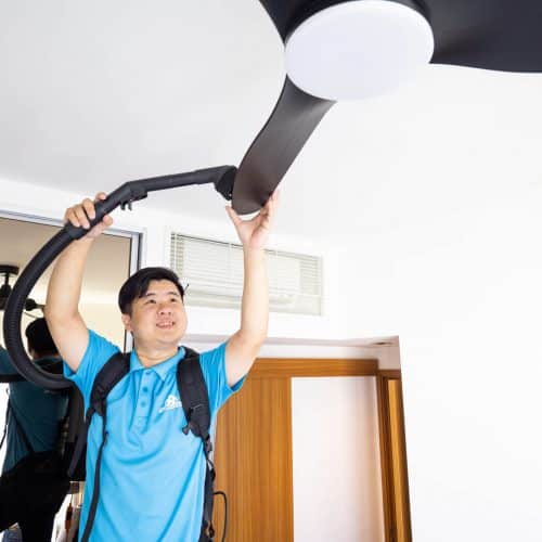 A Sureclean employee is deep cleaning the ceiling fan with the vacuum cleaner