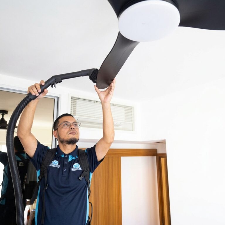 SureClean professional cleaning a ceiling fan post renovation cleaning, post renovation cleaning services singapore, cleaning services after renovation singapore, post reno cleaning
