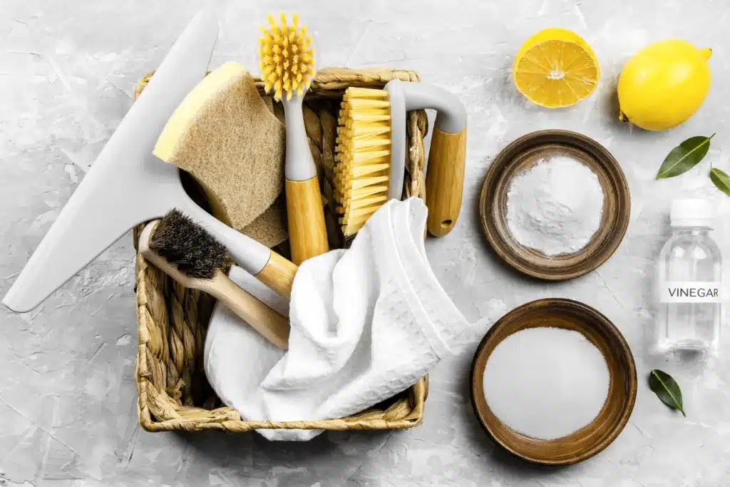 flat lay eco cleaning products basket scaled