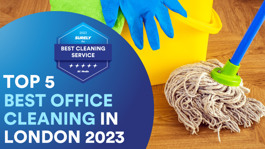 Surely's The Best Cleaning Service Digital Award Badge reads, 'Top 5 Best Office Cleaning in London.' On the right side are a mop, basket, wiping cloth, and gloves