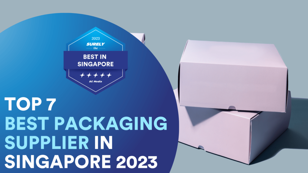 Surely's The Best in Singapore Digital Award Badge reads, 'Top 7 Best Packaging Supplier In Singapore' On the right side, there are two boxes stacked