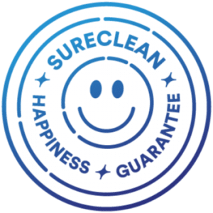 A smile logo in the center, and the text on it says, "Sureclean Happiness Guarantee."