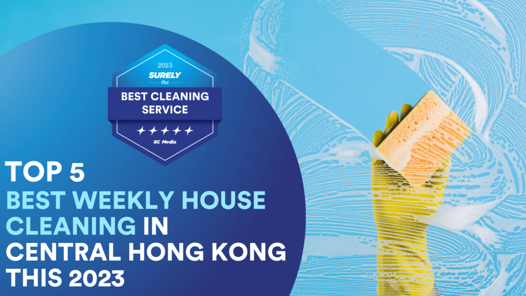 Surely's The Best Cleaning Service Digital Award Badge reads, 'Top 5 Best House And Commercial Cleaning in Perth 2023.' On the right side, there is a person's right hand wearing a cleaning glove, holding a sponge and cleaning a mirror